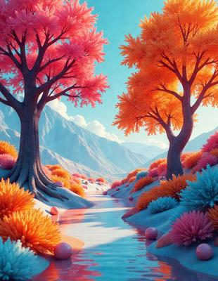 The primary subject of the image is a beautifully painted landscape featuring a river surrounded by trees. The setting is a vibrant and colorful environment, with the river flowing through a valley between two trees. The visual style of the image is a digital art or illustration, showcasing the artist's creativity and attention to detail. The colors and mood of the scene are lively and cheerful, with a mix of pink, orange, and blue hues that create a sense of warmth and tranquility